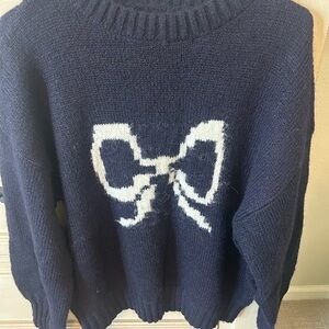 Blu Pepper Dark Blue Sweater with White Bow Accent